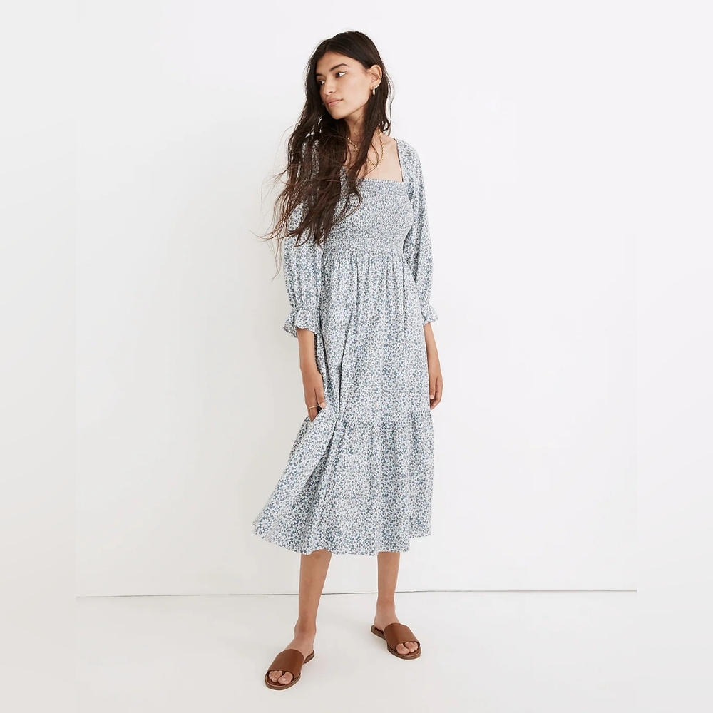 Madewell Dress Lucie Blue Floral Puff 3/4 Sleeve Smocked Midi Size XL NWOT